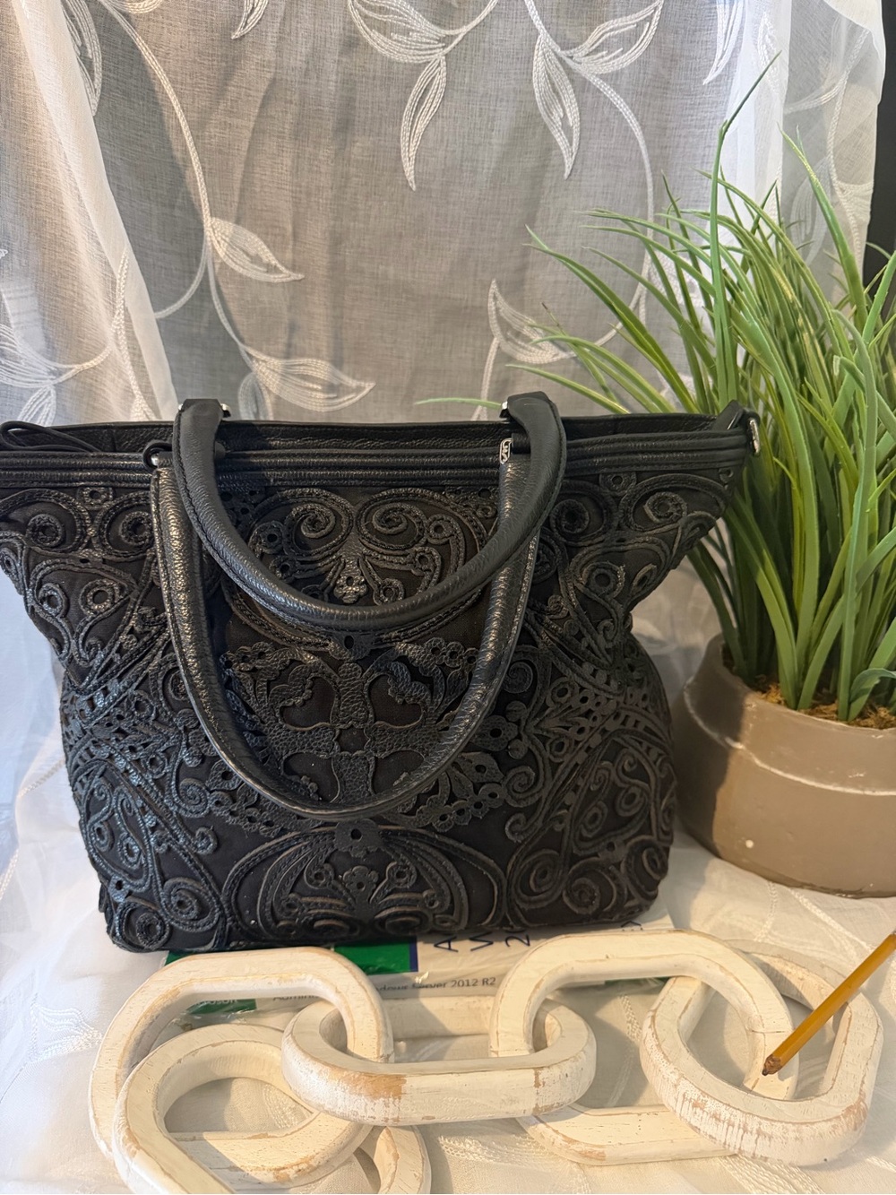 Embroidered Black Leather Tote Bag